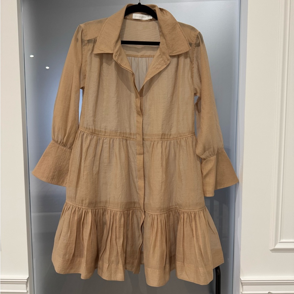 Jonathan Simkhai Savani Dress. Tan Tiered Button-Up Dress sheer